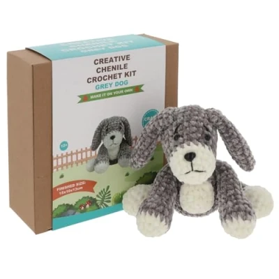 Image of Shudehill Giftware Chenille Creative Crochet Kits Bear, Bunny, Horse, Duck, Dog, Fairy &amp; More Perfect for Learning or Experienced Crocheters (Grey Dog)