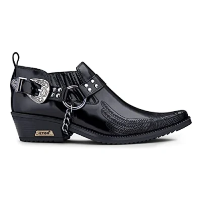 Image of Mens Genuine Leather Western Shoes US Eagle Patent Shiny Wincklepickers Metal Chain Belt Cuban Heel Dancing Cowboy Black 10