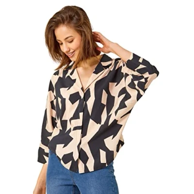 Image of Roman Originals Abstract Print Collared Blouse for Women UK Ladies Everyday Holiday Spring Summer V Neckline 3/4 Length Sleeves Comfy Soft Evening Vacation Work Party Black Size 20