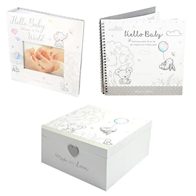 Image of Baby Keepsake Gift Set Photo Album Wooden Memories Box Memory Book Journal Newborn Christening Gifts Shower Present Unisex Cute