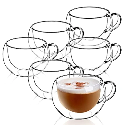 Image of KADAX Double Walled Glass Mug, Transparent Cup with Handle, Insulated Coffee Mug for Green Tea, Cappuccino, Matcha, Juice, Water, Unique Glassware (280 ml, Set of 6)