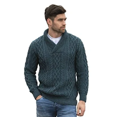 Image of Aran Crafts Men&#039;s Soft Cable Knit Shawl Collar Sweater, 100% Merino Wool, Authentic &amp; Traditional, Fisherman Sweater Style Knit, Made in Ireland, SH5065 LG PCOK