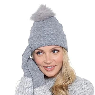 Image of Thingimijigs Ladies Pom Hat and Touch Screen Gloves Set Grey