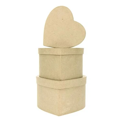 Image of Décopatch Ref BTS903O Small Heart Boxes (Pack of 3) Papier Maché Object to Decorate with Papers &amp; PaperPatch Glue, Glitter, Paints, Brown