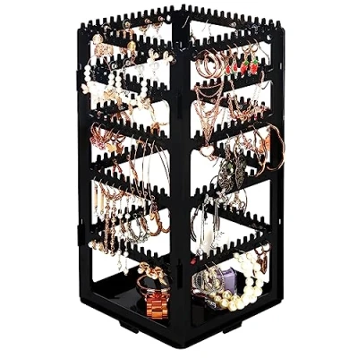 Image of Kurtzy Foldable Acrylic Jewellery Organiser 5 Tiers and 4 Panels of Storage for Ear Rings, Bracelets &amp; Necklaces Stores 220 Pairs Earrings Black Sided Display