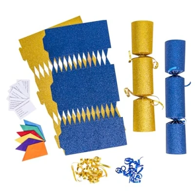 Image of evelay 12 Make Your Own Christmas Cracker Kit DIY Gold &amp; Navy Glitter Crackers Hats Snaps Jokes (Gold, Navy)