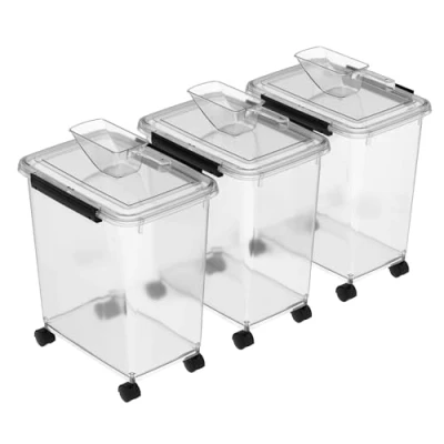 Image of Cetomo 32L*3 Hundefutterbehälter, Luftdichter Futterbehälter mit Rollen, Silikondichtung, Schnappverschlüssen, Kunststoff Deckel für Hunde , klar, 32L/12kg 3er Pack (3 Schaufeln)