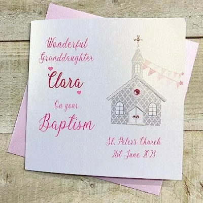 Image of WHITE COTTON CARDS GRANDDAUGHTER PERSONALISED BAPTISM/CHRISTENING CARD, PINK CHURCH DESIGN, HAND FINISHED (X) P23 17 GD