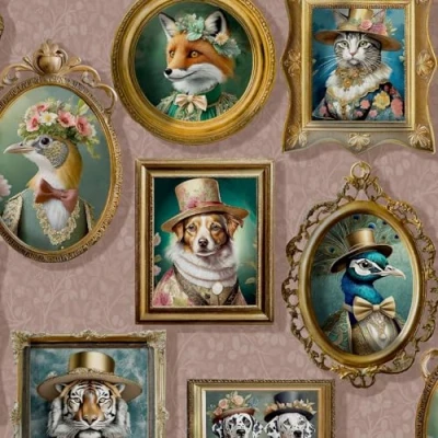 Image of Regal Beasts Animal Prints in Picture Frames Victorian Style Costumes Wallpaper Perfect for Feature Walls, Bedrooms, Contemporary Modern Walldecoration Pink Holden 13793