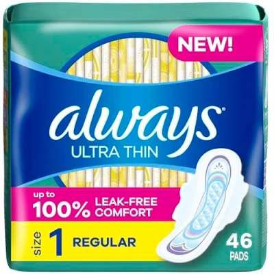 Image of Always Ultra Thin, Feminine Pads for Women, Size 1 Regular Absorbency, with Wings, Unscented, 46 Count