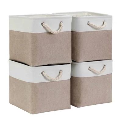 Image of Mangata Canvas Cube Storage Boxes 28x28x28cm, Fabric Basket for Cupboards, Shelves, Closet, Light Khaki White（11 x 11 inch, 4 Pack）