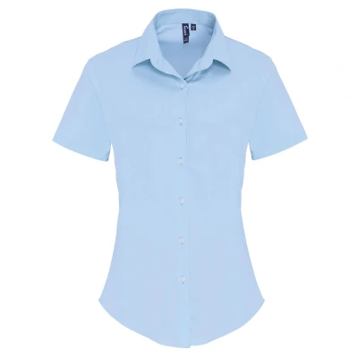 Image of Premier Womens/Ladies Stretch Fit Poplin Short Sleeve Blouse (Pale Blue) Size Small