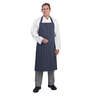 Image of Whites Chefs Clothing Butchers Apron, Navy Blue with White Stripe, Unisex, Hardwearing Polycotton Size: 965(L)x711(W)mm, Machine Washable, A530
