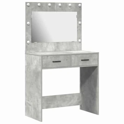 Image of vidaXL Concrete Grey Vanity Table/Mirror Set Particle Board 78.5 x 41 135 cm Sleek Design with Ample Storage, Smooth Closing, Secure Locks, LED Lights for Bedroom Dressing Table