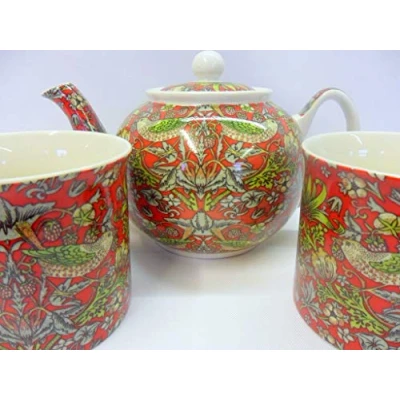 Image of Heron Cross Pottery Tea for two in William Morris red strawberry thief design by the Abbeydale Collection.