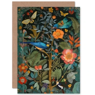 Image of Artery8 Birds and Butterfies Modern Flower Art Nouveau Nature Birthday Sealed Greeting Card Plus Envelope Blank inside