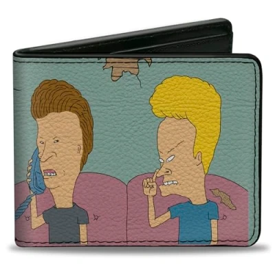 Image of MTV Wallet, Bifold, Beavis and Butt Head Title Logo Couch Scene Light Blue, Vegan Leather, 4.0&quot; x 3.5&quot;, Casual