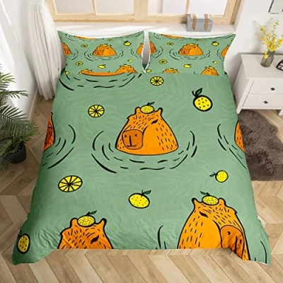 Image of Manfei Cute Capybara Duvet Cover Set Single Size, South America Animal Comforter with 1 Pillowcase, Yellow Orange Print Bedding 2pcs for Kids Boys Bedroom Decor Lightweight Bedspread