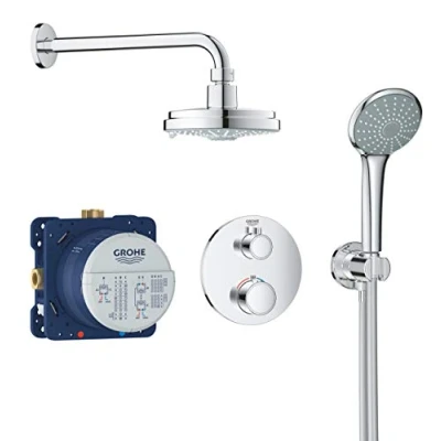 Image of GROHE Grohtherm Perfect Shower Set with Rainshower Cosmopolitan 160 Head (4 Sprays), Hand (1 Spray) and Thermostat, Chrome, 34735000