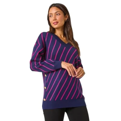 Image of Roman Originals Grid Pattern V Neck Knit Jumper for Women UK Ladies Everyday Autumn Winter Round Neckline Comfy Soft Evening Vacation Work Party Night Out Midnight Blue Size 12
