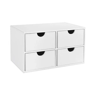 Image of OSCO White Faux Leather 4 Drawer Storage Chest Desk Organiser for Home &amp; Office Compact Filing Unit Stylish Desktop H18.5 x W33 D21 cm