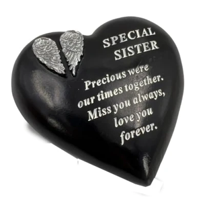 Image of Special Sister Angel Wings Memorial Black Heart Grave Plaque Graveside Ornament Decoration