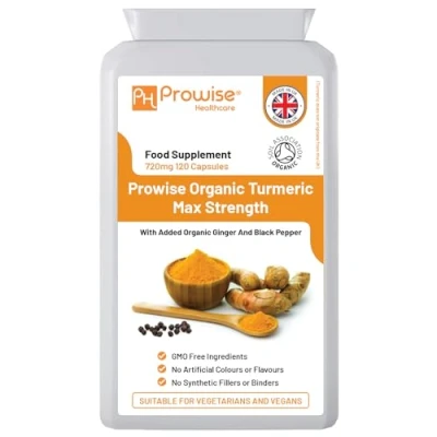 Image of Organic Turmeric Curcumin 720mg 120 Capsules and Black Pepper High Strength Vegan &amp; Vegetarian Supplements Certified by Soil Association Prowise