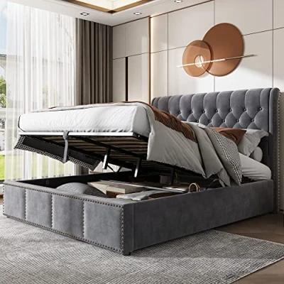 Image of Merax Upholstered Bed Frame with Hydraulic Lift, 4FT6 Double Storage, Functional Ottoman Bed, Sturdy Construction, Without Mattress, Elegant Velvet Finish, Grey, 135x190cm