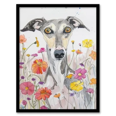 Image of Artery8 Cute Whippet in Wildflowers Dog Lover Watercolour Living Room Artwork Framed Wall Art Print A4