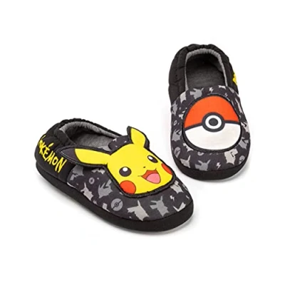 Image of Pokemon Slippers For Boys Girls Kids Pikachu Pokeball House Shoes Merchandise Gifts Him Her Game Black Slip On Loafers UK Child 13