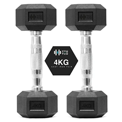 Image of You vs Hex Dumbbells Weights Pair for Home Exercise 4kg Set of 2 Hexagonal Weight Rubber Encased Fitness Gym Workouts Training Muscle Building &amp; Conditioning Unisex Strength