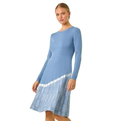 Image of Roman Originals Ribbed Stretch Knit Dress for Women UK Ladies Everyday Autumn Winter Round Neckline Comfy Soft Evening Vacation Work Party Night Out Blue Size 18