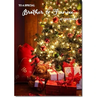 Image of doodlecards Brother and Fiancee Christmas Card Teddy by Tree Medium Size for &amp; with Plain Envelope