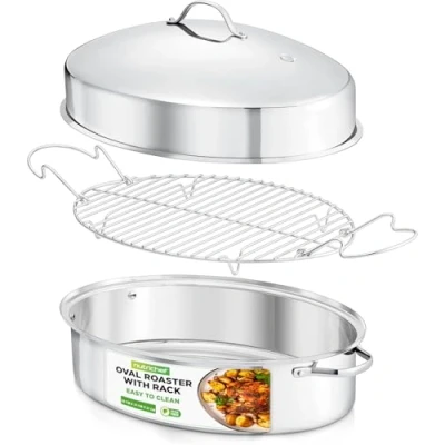 Image of NutriChef 20 Oval Roasting Pan with Rack and Lid Premium Stainless Steel Roaster Dish w/Wide Handles &amp; Removable Rack, Multi Use Cookware for Turkey, Chicken, Stews, More Dishwasher Safe