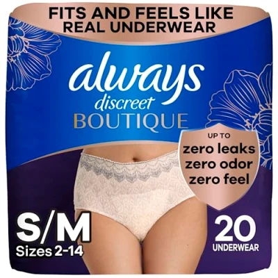 Image of Always Discreet Boutique, Incontinence &amp; Postpartum Underwear for Women, High Rise, Size Small/Medium, Rosy, Maximum Absorbency, Disposable, 20 Count