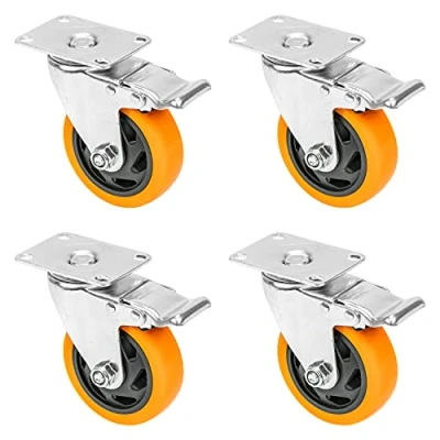Image of HMF 6710 Heavy Duty Polyurethane Castors with Brakes Pack of 4 100 mm Up to 600 kg Orange