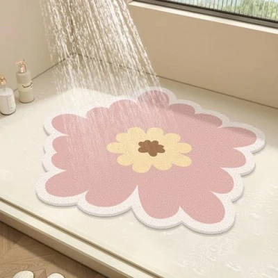 Image of Round Shower Mat Flower Bath for Inside Shower,PVC Loofah Bathroom Floor Mat,Non Slip Bathmat Anti Mould with Drain,Quick Drying (Pink,60x60cm)