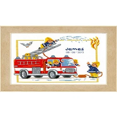 Image of Vervaco Birth Record Fire Engine Counted Cross Stitch Kit, Multi Colour