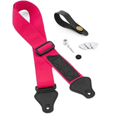 Image of TIGER UAC4 PK Pack Ukulele Strap includes Strap, Headstock Neck Tie, Button/End Pin and 3 Felt Picks Suitable for Soprano, Concert, Tenor Baritone Ukes Pink