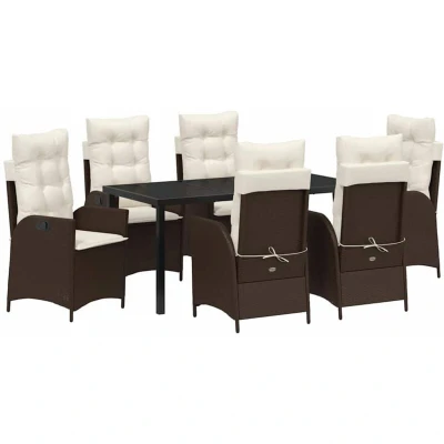 Image of vidaXL 7 Piece Garden Dining Set with Cushions Brown Poly Rattan