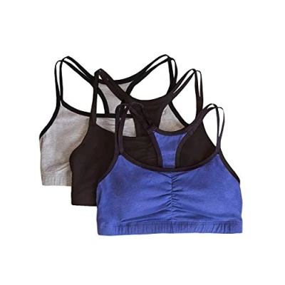 Image of Fruit of the Loom Women&#039;s Spaghetti Strap Cotton Pull Over 3 Pack Sports Bra in Fashion Colors, Opaque, Grey Heather/Navy Heather/Black, 34 (Pack 3)