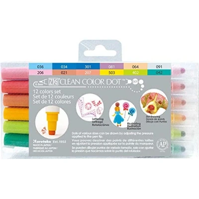 Image of Kuretake ZIG Clean Color dot 12 colors set, Dual tip, for journaling, Crafts, Illustration, Lettering 0.5mm fine tip on one end and a Flexible AP Certified, Made in Japan