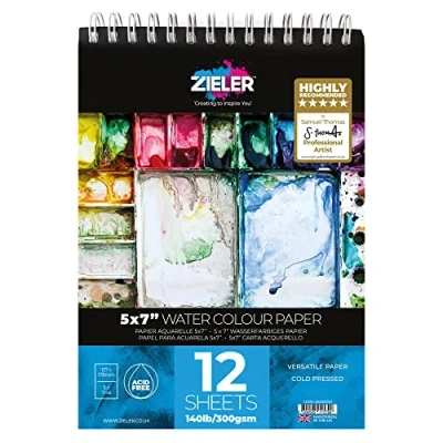 Image of Spiral Fine Grain Textured Watercolour Paper Pad 5&quot; X 7&quot; 300gsm, 12 Sheets by Zieler® Ideal for Soaking &amp; Masking. Made in UK