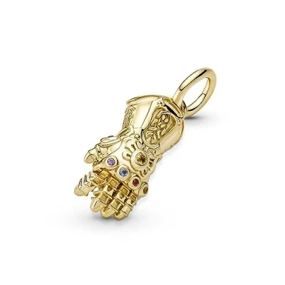 Image of Pandora Marvel Infinity Gauntlet 14k gold plated dangle with royal green, blue, salsa red, purple, blazing yellow and honey coloured cry