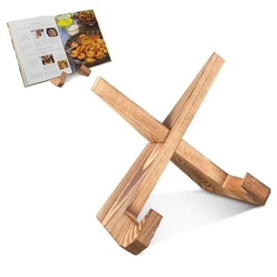 Image of Recipe Book Stand, Wooden Cookbook Holder Vintage Display Stands Hands Free Reading Stand Cookery for Cooking Kitchen Tablet iPad Magazines
