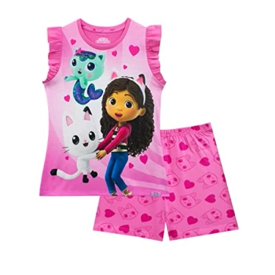 Image of DREAMWORKS Girls Gabby&#039;s Dollhouse Pyjamas Short Frill Sleeve Pyjama Set For Kids Pink 9 10 Years
