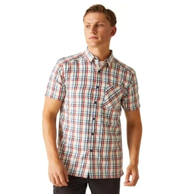 Image of Regatta Mens Mindano VIII Short Sleeve Shirt, Danger Red/Coronet Blue Check, M UK