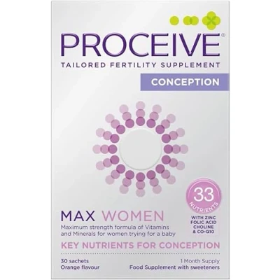 Image of Proceive® MAX Women Fertility Supplement for Conception Pregnancy Vitamins Trying to Conceive Zinc, Folic Acid, Vitamin D 30 Sachets (1 Month Supply) Vegan