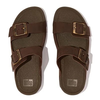 Image of Fitflop GOGH MOC MENS BUCKLE LEATHER SLIDES Men&#039;s, Chocolate Brown, 10 UK