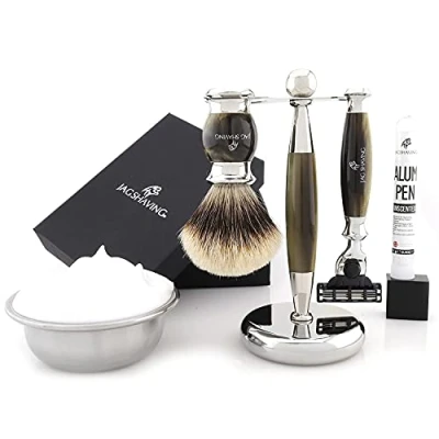 Image of Jag Shaving Kit 5 Piece Set Jag&#039;s Lee Range 3 Edge Blade Razor Silvertip Badger Brush Elegant Stand Green Horn Imitation